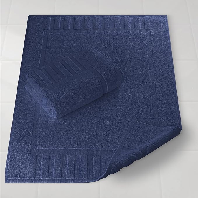 White Classic Luxury Bath Mat Floor Towel Set - Absorbent Cotton Hotel Spa Shower/Bathtub Mats [Not a Bathroom Rug] 22"x34" | 2 Pack | Navy Blue