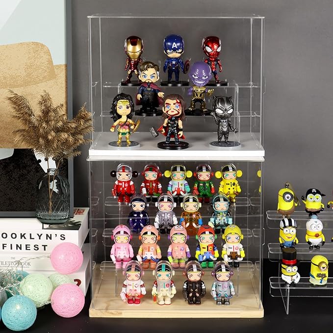 Choowin 3 Tier Clear Acrylic Display Case for Collectibles, Mini Figures, Pop Mart, Labubu, Sonny Angel, Smiski - Assemble Dustproof Acrylic Display Box with Door, Stand (Wood Base, Clear Step)