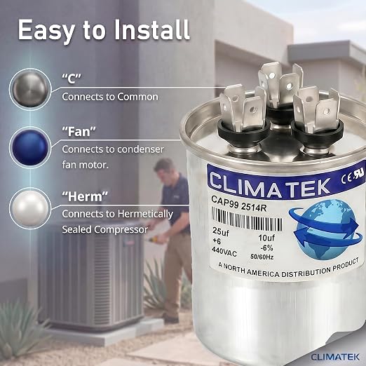 ClimaTek 25 + 10 MFD 370/440 Volt Run Capacitor CAP99-2514R | 25/10 VAC | - Image 3