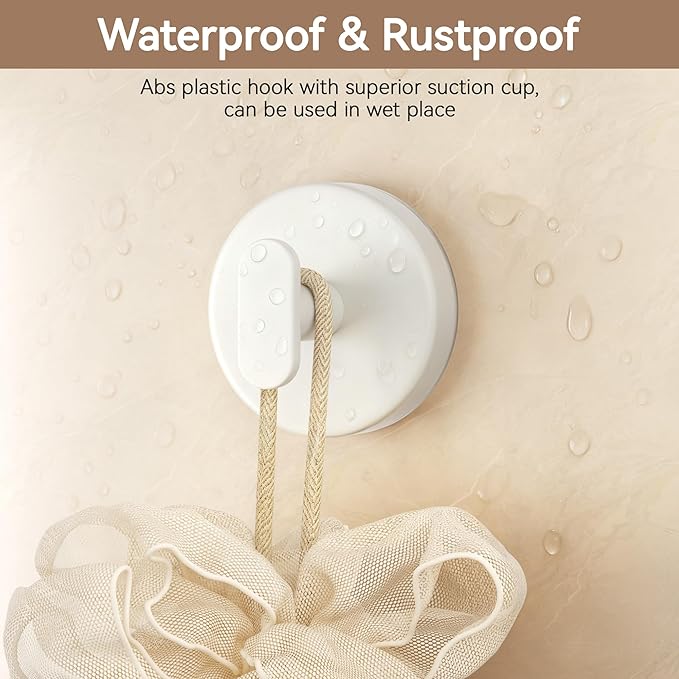 Suction Cup Hooks for Shower: 15 LB Strong Wall Hanger for Bathroom, Front door, Glass, Window, RV, Holder for Towel, Christmas Wreath, Coat, Loofah, Waterproof & Reusable, Cream White 10-Pack