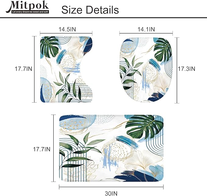4 PCS Blue Boho Shower Curtain Set 72Wx72H Non-Slip Bath Rug Toilet Lid Cover and U Shape Mat Navy Modern Tropical Palm Leaves Complete Bathroom Set Accessories with 12 Hooks Bathroom Decor