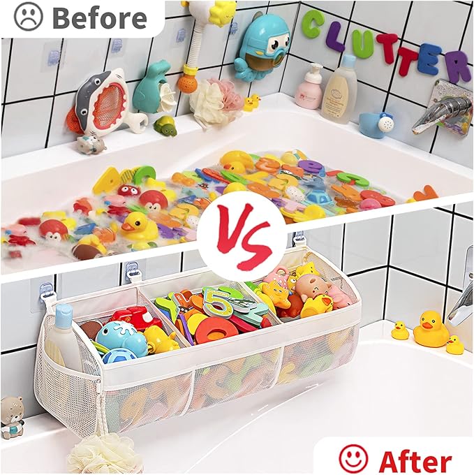 Original 3 Compartment Horizontal Large Openings Bath Toy Organizer for Tub, Capacity Upgrade Bath Toy Storage and Holder, Bathtub Toy Holder for Easy Access and Sorting of Toys.