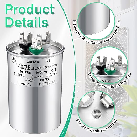 40+7.5 uF±6% 370/440V CBB65 Dual Run Round Capacitor - Image 3