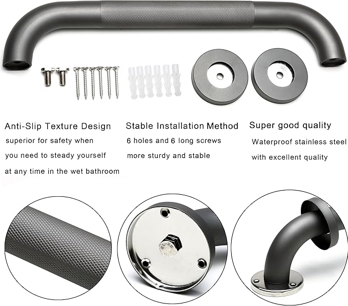 Shower Grab Bar, 2 Pack 24 Inch Gray Bathroom Grab Bar, 1.25" Diameter 304 Stainless Steel Anti-Slip Grab Bars for Bathtubs and Showers, Handicap Shower Grab Bar for Seniors Elderly
