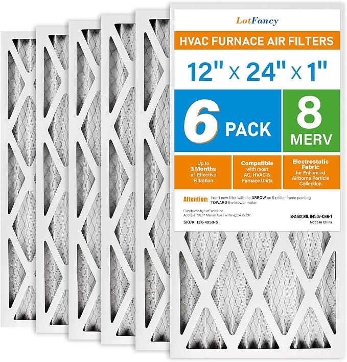 LotFancy 12x24x1 Air Filter MERV 8 6-Pack, Electrostatic Pleated Furnace & AC by LotFancy