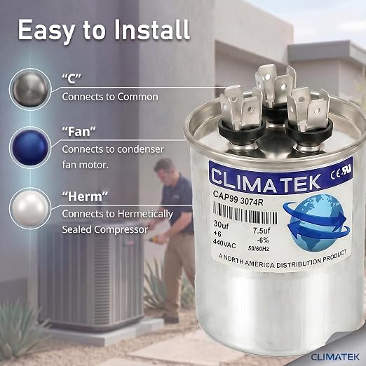 ClimaTek 30 + 7.5 MFD 370/440 Volt Dual Run Capacitor CAP99-3074R | 30/7.5 VAC - Image 3
