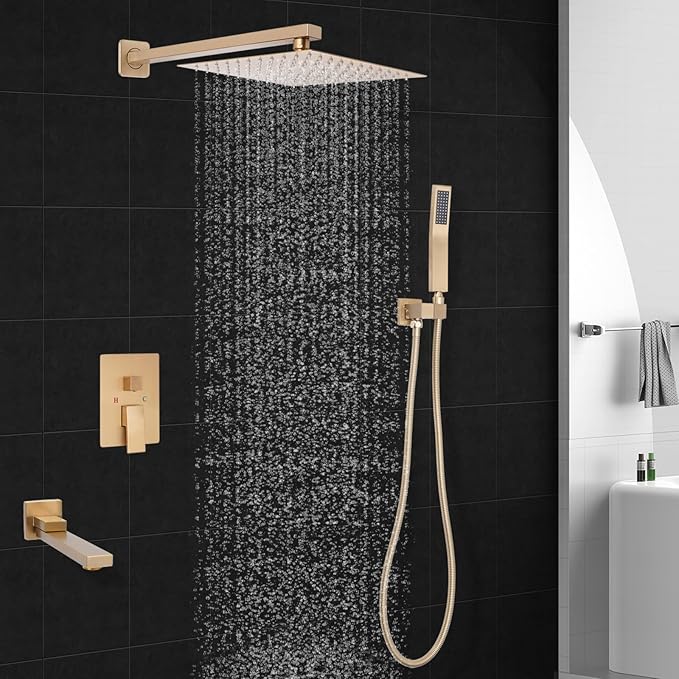 10 inch Square Shower Head and Handheld Set, Gasecoet Shower System with Tub Spout Wall Mounted Shower Faucet for Bathroom - Brushed Gold (With Shower Valve)