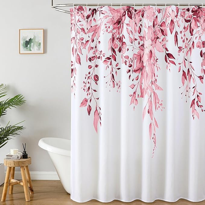 Colorful Star Pink Eucalyptus Waterproof Shower Curtain Set with Hooks, Minimalist Watercolor Floral Print Bathroom Décor, Plant Leaves Washable Fabric Shower Curtain, 72 x 72 Inch
