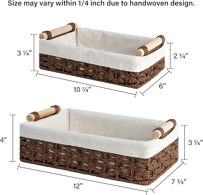 StorageWorks Small Baskets for Organizing, Decorative Storage Baskets for Bathroom with Liner, Basket for Toilet Tank Top, Brown, Set of 2