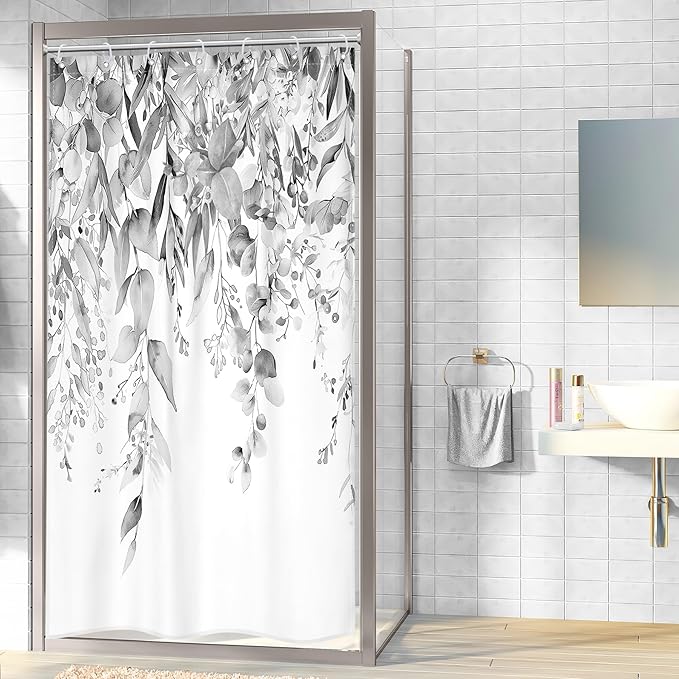 Riyidecor Small Stall Rv Narrow Single Shower Curtain for Bathroom Decor 36Wx72H Stand Up Half Grey Eucalyptus Plants Leaves Botanical Art Printed Fabric Polyester Waterproof 7 Pack Plastic