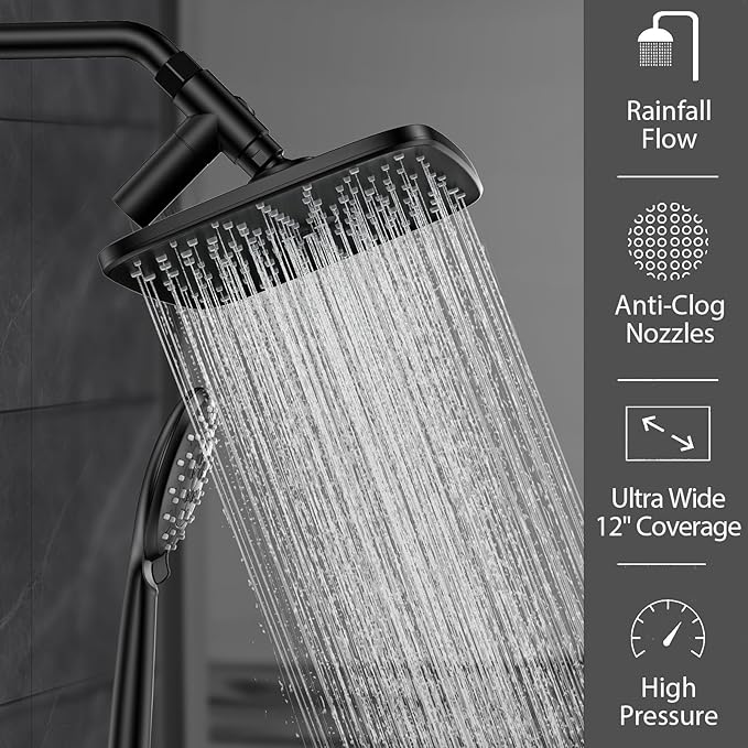 Veken 11.8 Inch Rain Shower Head with Handheld- High Pressure Dual Shower Heads with 5 Modes Handheld Spray Combo- Wide Rainfall Showerhead with Hose, Bathroom Accessories, Matte Black
