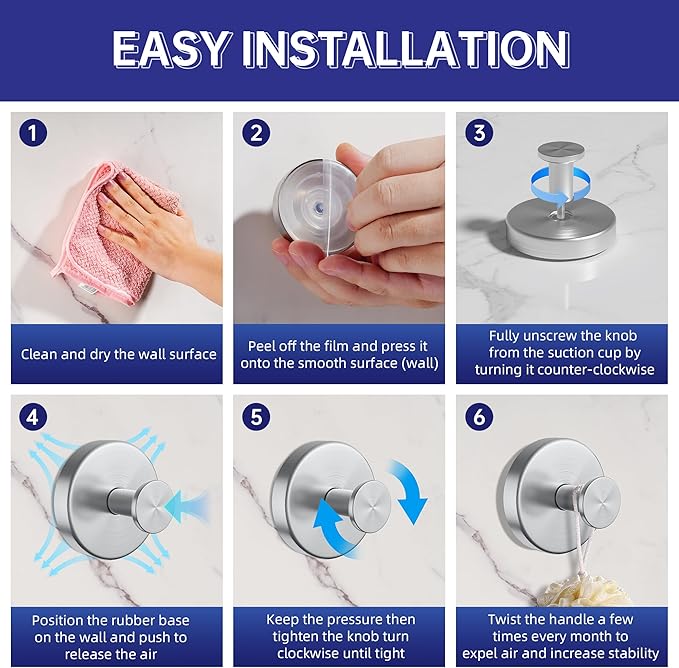 luckin smile Suction Cup Hooks for Shower, No-Drill Removable Towel Hook for Bathrooms, Shower Hooks, Suitable for Bathrooms, Kitchens, Windows, Glass, Powerful Suction Cup Hook (2, Silver)