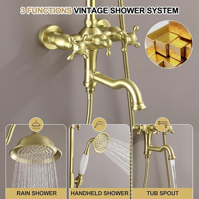Exposed Shower System Brushed Gold,Antique Brass Shower Faucet Set with 8 Inches Rainfall Shower Head Vintage,Outdoor Shower Fixture with Foldable Tub Spout