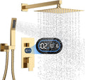 Shower Faucet Set with Hydro Power Temperature Display, Shower System Bathroom 10 Inches Shower Head with Handheld Spray, Wall Mounted Shower Fixtures with Shower Valve and Trim Kit, Brushed Gold