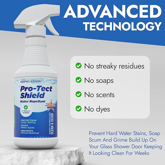 Bring It On Protect Shield Shower Door Water Repellent | Eliminate Hard Water Buildup on Tile and Grout, Glass, Fiberglass Counter Tops, All Hard Surfaces