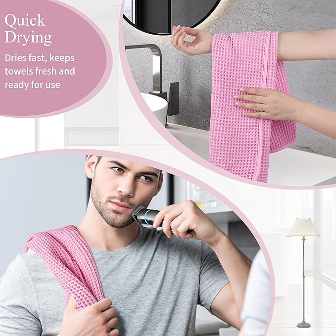 Microfiber Waffle Hand Towels, 4 Pieces, Soft, Absorbent, Fast Drying, Lint Free (Pink)