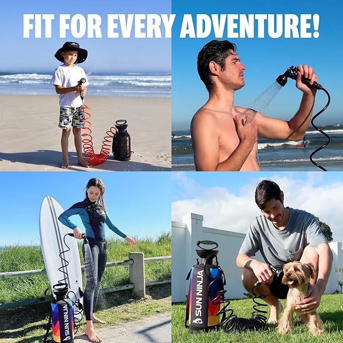 SUN NINJA Portable Shower Bundle with Trucker Hat, 5L Pressurized Outdoor Shower with 7-Mode Spray, Neoprene Cover for Warmer Water, Breathable Mesh Sun Protection, Easy to Carry