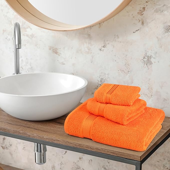 Belizzi Home Ultra Soft 3 Pack Cotton Towel Set, Contains a Bath Towel 28x55 inch, a Hand Towel 16x24 inch & a Wash Coth 12x12 inch, Ideal Everyday use, Compact & Lightweight - Orange