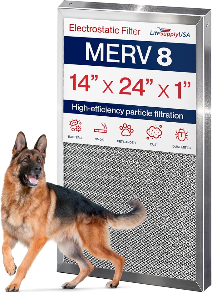 14x24x1 Electrostatic Air Filter, MERV 8, Reusable Furnace AC/HVAC Filter by LifeSupplyUSA