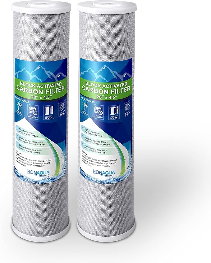 High Capacity Coconut Shell Carbon Block Water Filter 5 Micron Cartridge 4.5" x by Ronaqua