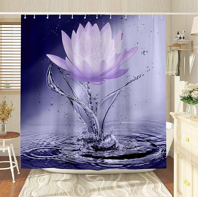 Lotus Shower Curtain Black White Violet Flower Elegant Blooming Floral with Dew Spring Flower Reflection on Water Modern Romantic Polyester Fabric Bathroom Decor 36×70 Inch with Hook