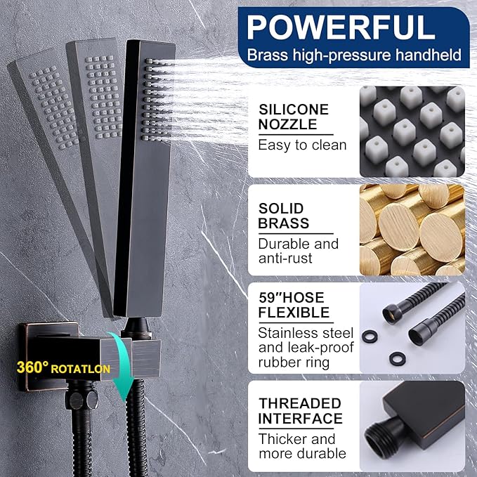 Thermostatic Shower System Three Shower Heads with 16" Ceiling Mounted Rain Shower Head & 2 x 6" Wall Mounted Head 4 Function Shower System Can All Run Together, Oil Rubbed Bronz