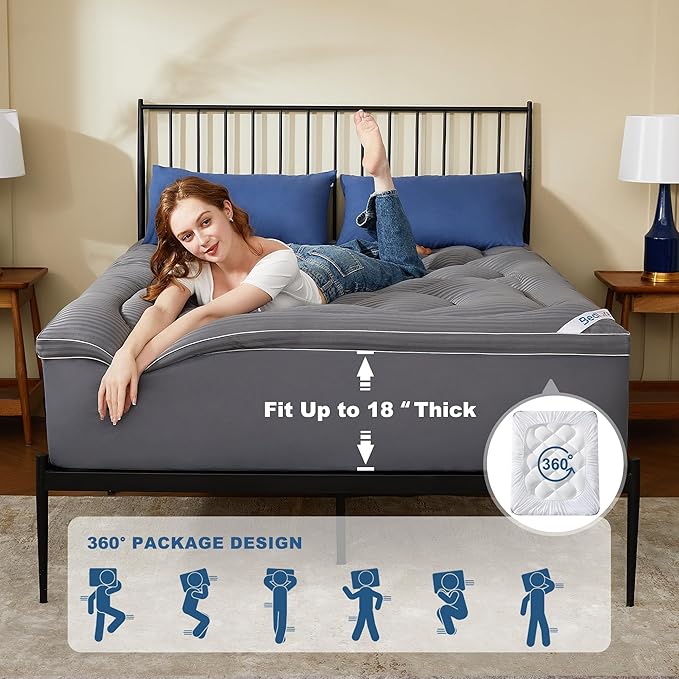 BEDLORE Queen Mattress Topper, Thick Pillow Top Pad for Back Pain Relief, Cooling Soft Mattress Cover with Deep Pockets 6-18 inch