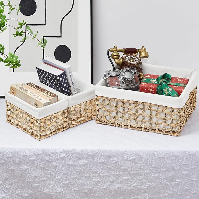 Vagusicc Wicker Basket, Set of 3 Hand-woven Water Hyacinth Storage Baskets for Organizing, Large Wicker Storage Basket Bins with Handles, Small Toilet Paper Storage Baskets for Shelves & Decor