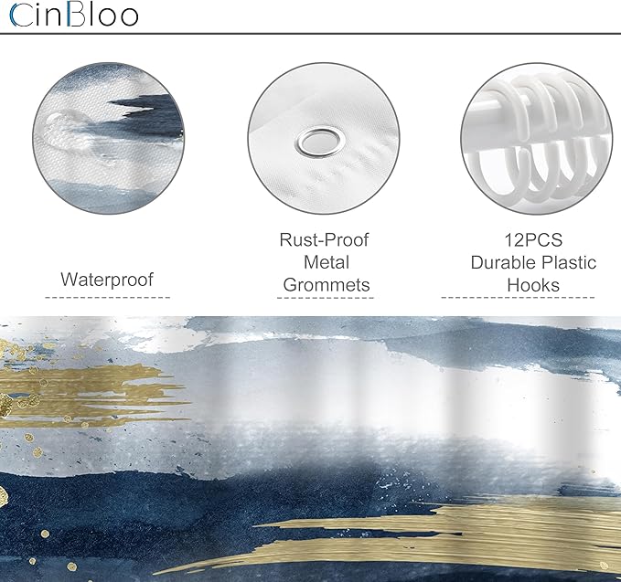 Cinbloo Navy Blue Marble Shower Curtain 60Wx72H Abstract Modern Ombre Gold Minimalist Bathroom Curtain Set Man Woman Aesthetic Oil Painting Ink Bath Curtain Fabric Bathroom Decor with 12 Hooks