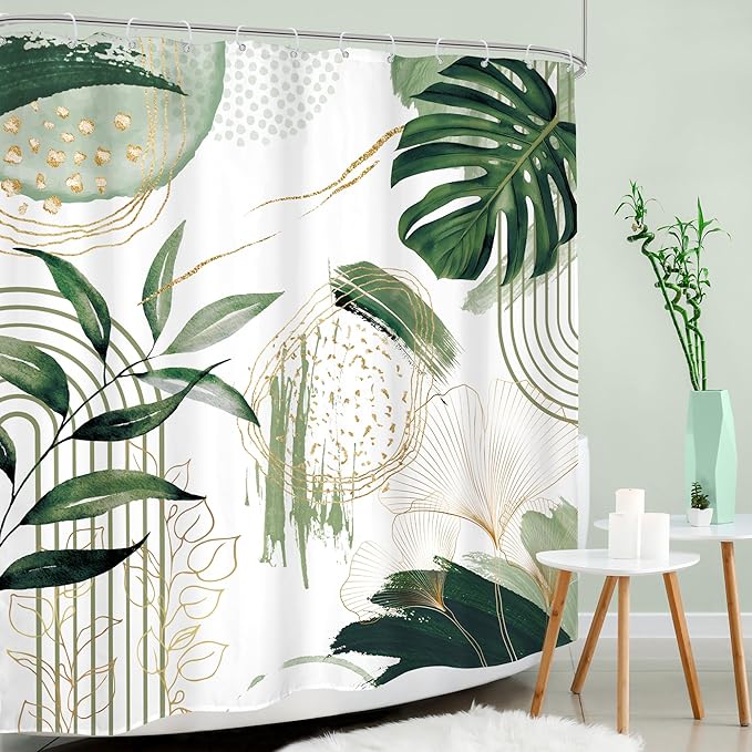 Green Boho Shower Curtain 60Wx72H Sage Green Bohemian Modern Abstract Tropical Palm Leaves Plant Mid Century Bathroom Decor Minimalist Geometric Bath Curtain Fabric Polyester 12 Pack Hooks