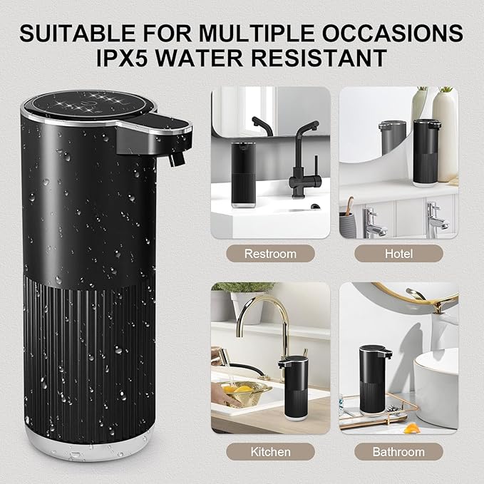 GuDoQi Automatic Touchless Liquid Soap Dispenser, 4-Level Adjustable Foam, USB Rechargeable Hand Soap Dispenser for Bathroom, Kitchen Countertops, 12.2oz/360mL, Black