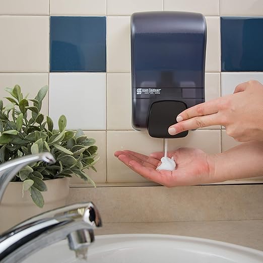 San Jamar Rely Manual Soap Dispenser, Hand Sanitizer Dispenser with Universal Compatibility for Home, Bathroom, Kitchen, Restrooms, Restaurants, Plastic, 900 Ml, Black Pearl