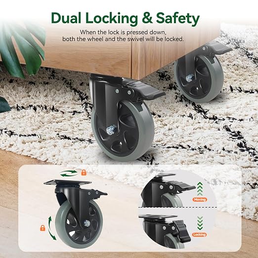 5" Caster Wheels Set of 4 Heavy Duty, BZOLIHEU Swivel Caster - Image 6