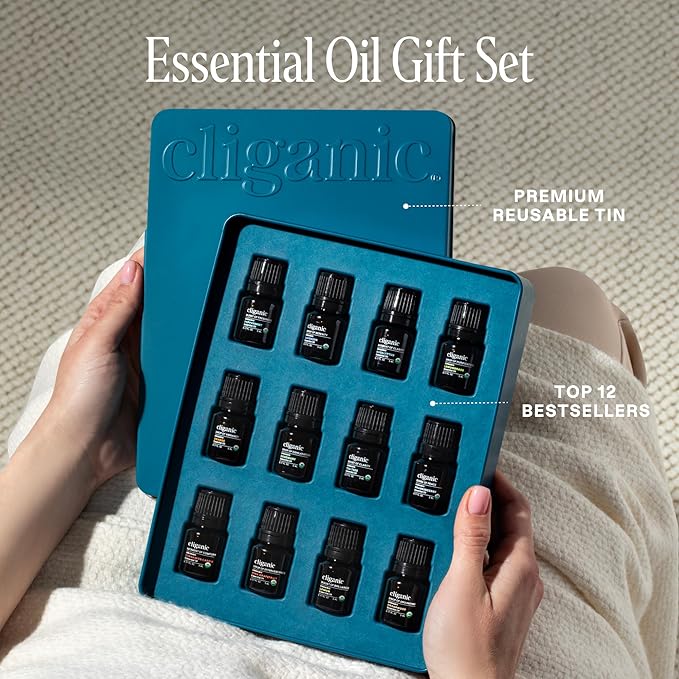Cliganic Organic Aromatherapy TOP 12 Essential Oils Set, 100% Pure - Peppermint, Lavender, Eucalyptus, Tea Tree, Lemongrass, Rosemary, Frankincense, Orange, Lemon, Cassia, Cedarwood & Grapefruit