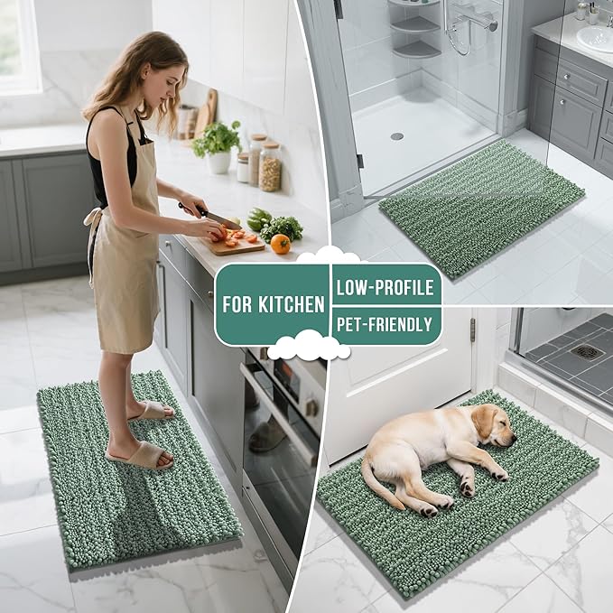 Yimobra Bathroom Rugs Sets 2 Piece - Quick Dry Extra Thick Luxury Chenille Bath Mat, Non Slip Super Absorbent for Tub Shower Sink, Machine Washable Shaggy Floor Mat, 32"x20"+24"x20" Inch, Green
