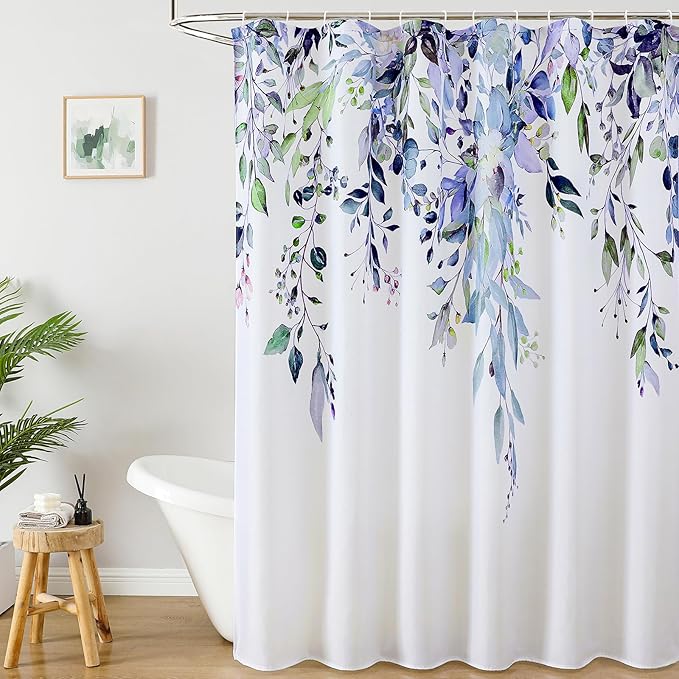 Colorful Star Green Eucalyptus Waterproof Shower Curtain Set with Hooks, Minimalist Watercolor Floral Print Bathroom Décor, Plant Leaves Washable Fabric Shower Curtain, 72 x 72 Inch