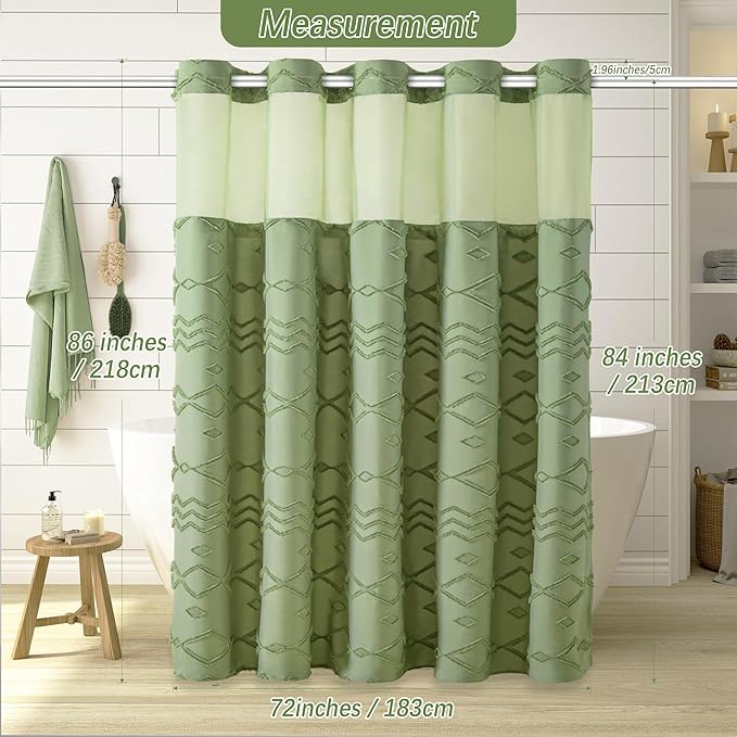 Long No Hook Tufted Chevron Striped Shower Curtain with Snap-in PEVA Liner Set - 72" x 86", Hotel Style with See Through Top Window, Water Repellent Fabric Shower Curtain Sage Green