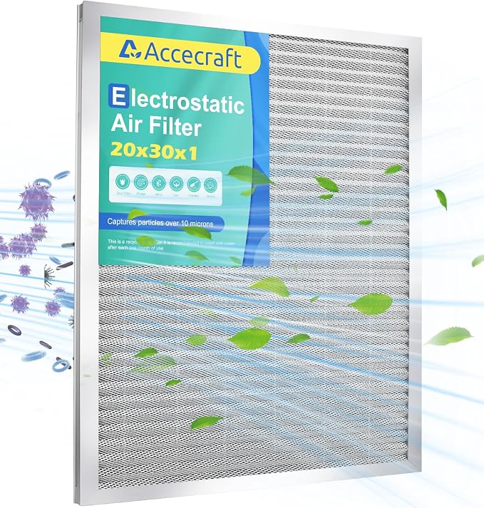 20x30x1 Electrostatic Air Filter, Washable & Reusable Aluminum AC/HVAC Furnace by Accecraft
