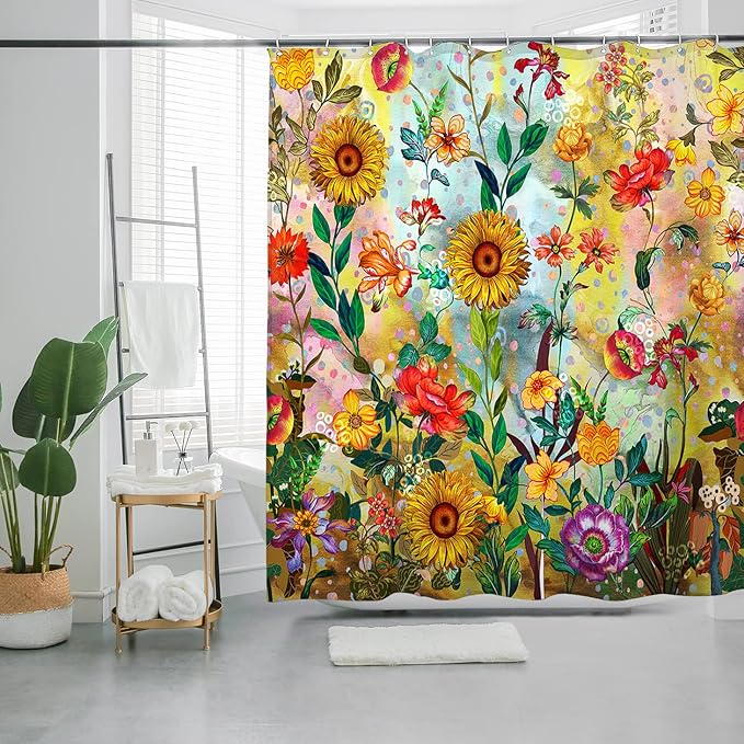 Bohemian Shower Curtain, Boho Floral Print Water Repellent Polyester Fabric for Bathroom Decor, 72×72 Inch Standard Size with 12 Hooks, Also as Room Divider