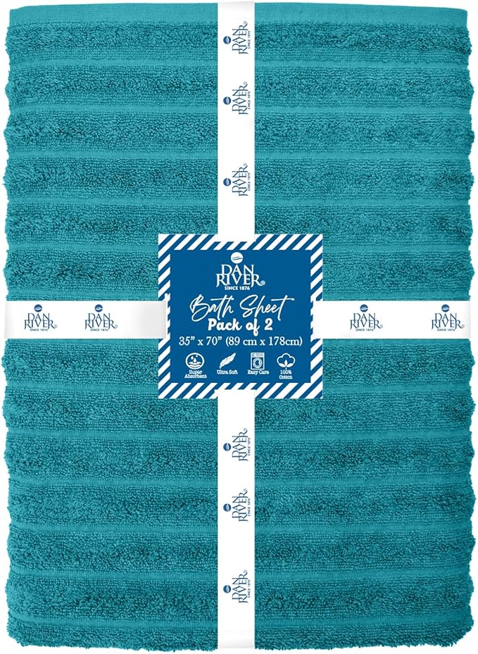 DAN RIVER Pack of 2 Bath Sheet 35x70 Inches, Premium Ribbed Oversized Towels for Adults, Super Soft and Quick Dry - Teal