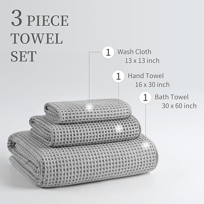 New Microfiber Waffle Bath Towels, 3 Pieces, Oversized, Soft, Absorbent, Fast Drying, Lint Free, Includes Bath, Face and Hand Towels (Silver)