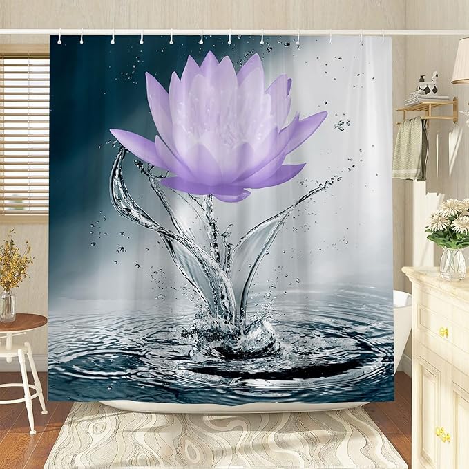 Lotus Shower Curtain Black White Blue Violet Flower Elegant Blooming Floral with Dew Spring Flower Reflection on Water Modern Romantic Polyester Fabric Bathroom Decor 86×70 Inch with Hook