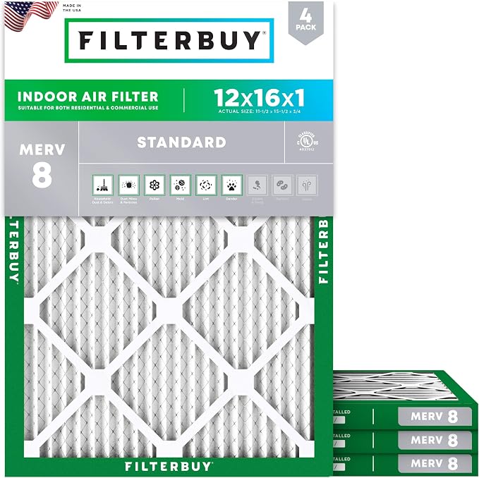 Filterbuy 12x16x1 Air Filter MERV 8 Essential Dust & Allergy Defense, by Filterbuy
