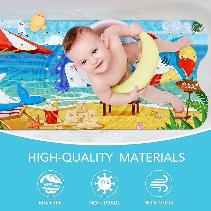 SHUCHING Baby Bath Mat for Tub Non Slip-40 X 16 Inch, Extra Long Kids Bathtub Mat Non Slip, Toddler Shower Mat for Bathroom, Shark