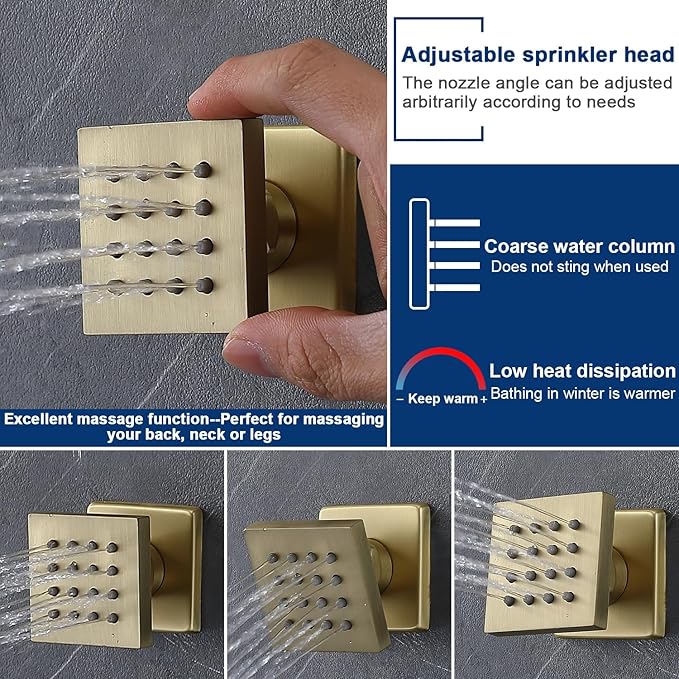Multi Full Body Thermostatic Luxury Spa Shower System And 14x20 Inch LED 4 Functions Faucet Set, Rainfall Spray Waterfall Can Be Turned On Simultaneously,Brushed Gold