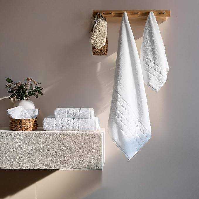 BAGNO MILANO Organic Turkish Cotton Bath Towels, Luxury Jacquard Collection, Certified Organic Highly Absorbent, Soft-Plush Towel Set (White, 4 Pcs Hand Towel Set)