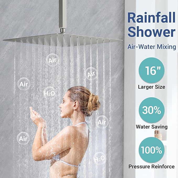 Thermostatic Dual Shower Heads System with 4-Inch Body Jets, Ceiling 16" Rainfall & Wall Mount 6" Shower Head, Luxury Brushed Nickel Shower Faucet Set with Handheld Sprayer for 2-Person/Tandem Shower