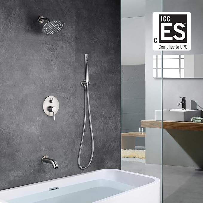 Brushed Nickel Shower System with Waterfall Tub Spout, 8 Inches Rain Shower and Handheld