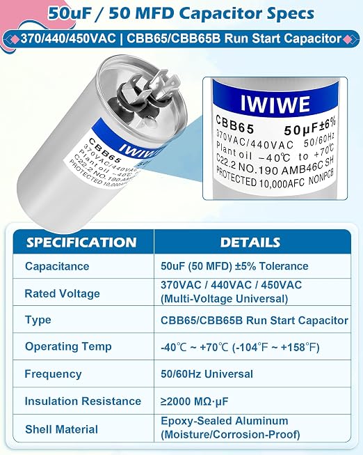 IWIWE 50uF ±5% 370/440/450VAC CBB65/CBB65B Run Start Capacitor - Image 3