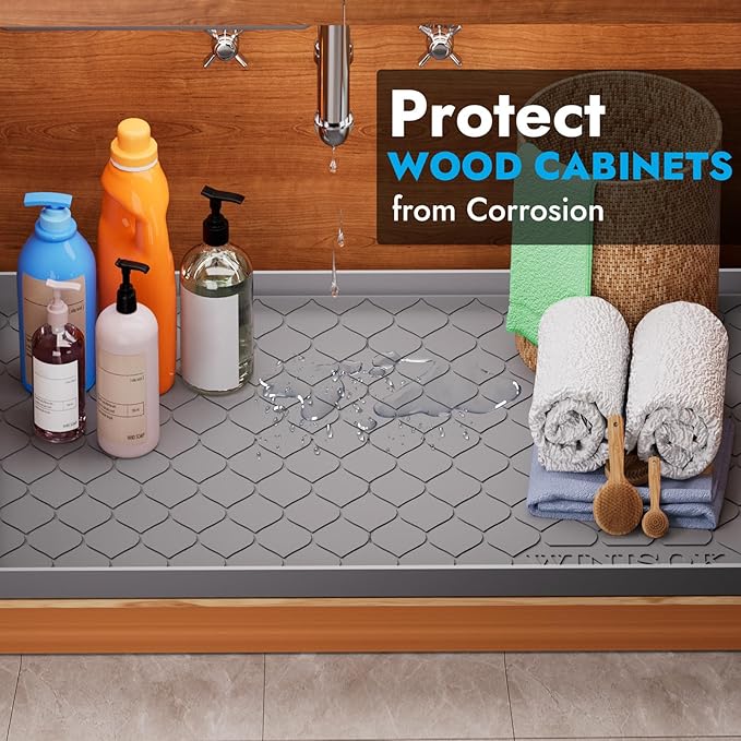 Silicone Under Sink Mat 37" x 19", kitchen Essentials and Gadgets, Shelf liner and Cabinet Protector, Home Organizers and Storage, Waterproof Bathroom Tray